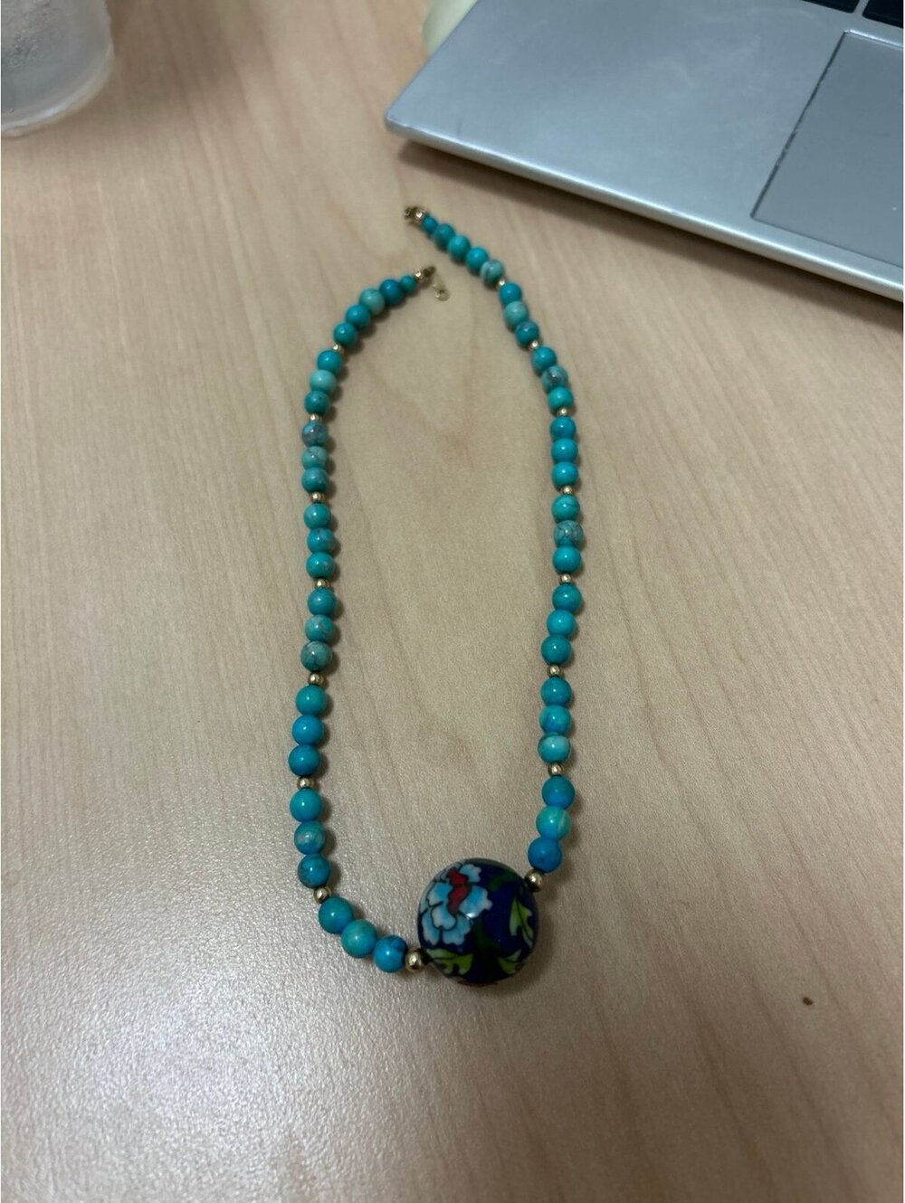 Turquoise Beaded Necklace with Round Blue Cloisonné Ball Center Pendant 14K GF